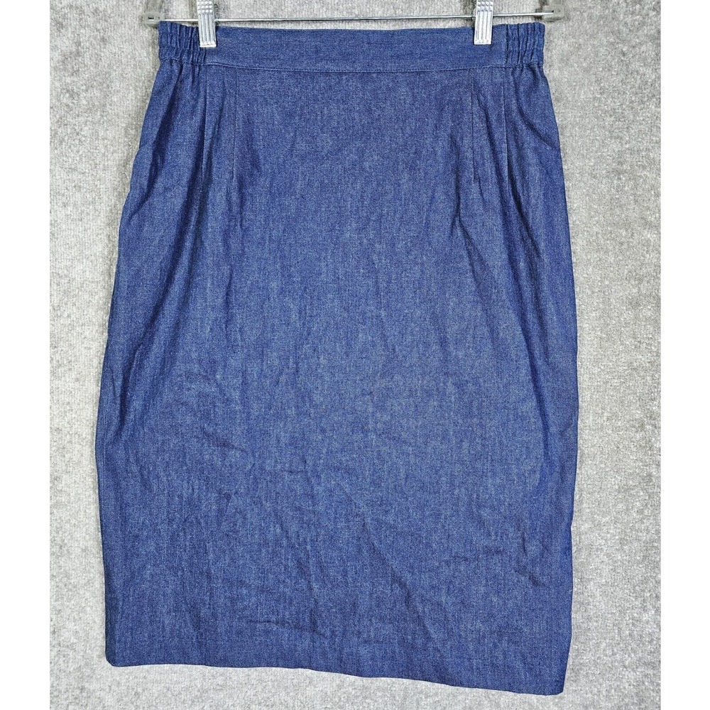 Vintage Roni Blanshay Blue Denim Midi Skirt Womens Sz 14 Side Elastic Back Vent